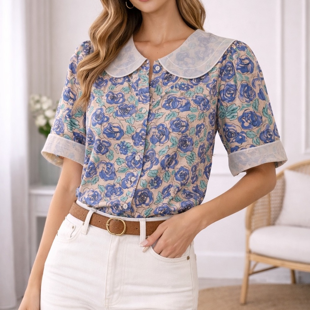 Maggy London Blue and white Floral Blouse rare vintage Peter Pan collar shirt M